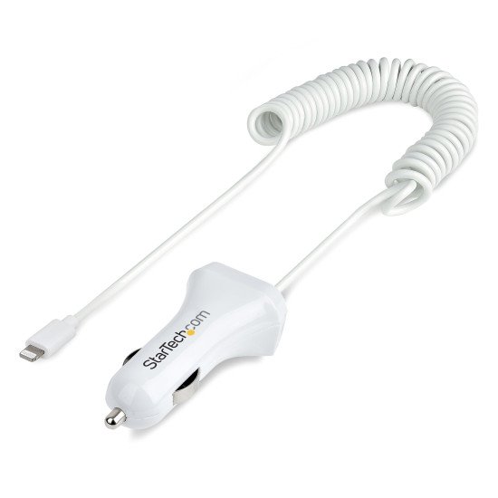 StarTech.com Chargeur Voiture Lightning avec Câble Spiralé - Chargeur Iphone 1m - Double Chargeur USB pour Telephones et Tablettes pour la Voiture - Chargeur Auto Blanc de 12W