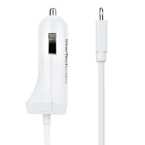 StarTech.com Chargeur Voiture Lightning avec Câble Spiralé - Chargeur Iphone 1m - Double Chargeur USB pour Telephones et Tablettes pour la Voiture - Chargeur Auto Blanc de 12W