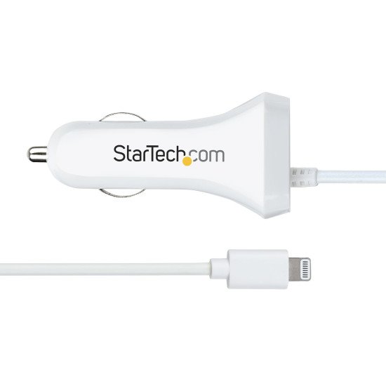 StarTech.com Chargeur Voiture Lightning avec Câble Spiralé - Chargeur Iphone 1m - Double Chargeur USB pour Telephones et Tablettes pour la Voiture - Chargeur Auto Blanc de 12W