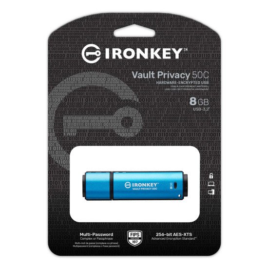 Kingston Technology IronKey VP50 lecteur USB flash 8 Go USB Type-C 3.2 Gen 1 (3.1 Gen 1) Noir, Bleu