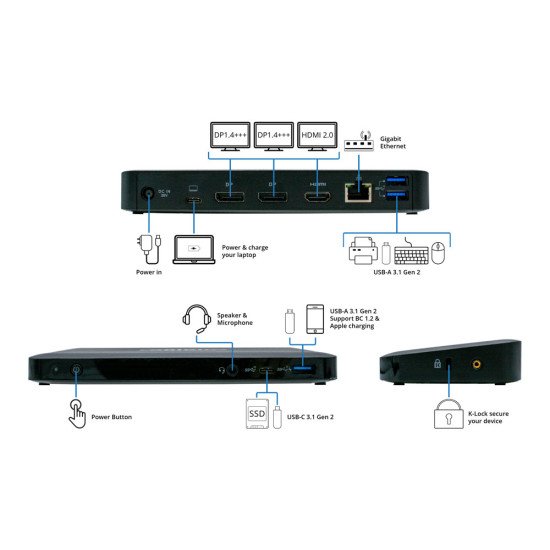 Origin Storage K37060UK-OS station d'accueil USB 3.2 Gen 1 (3.1 Gen 1) Type-C Noir