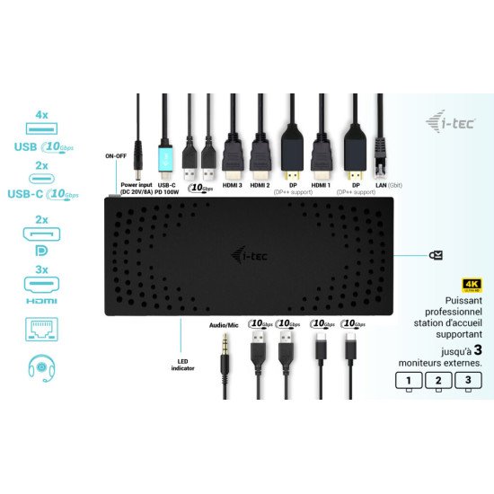 i-tec USB 3.0 / USB-C / Thunderbolt, 3x 4K Docking Station Gen 2 + Power Delivery 100W