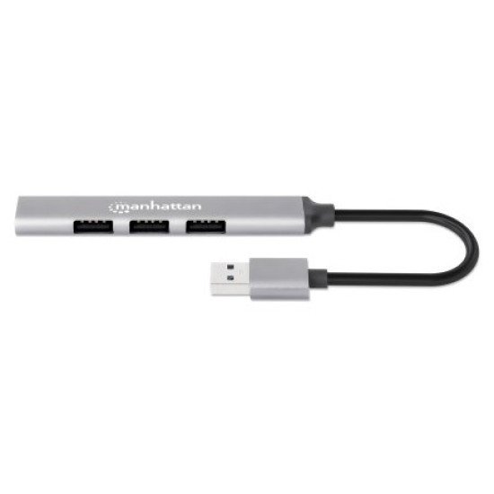 Manhattan Hub USB-A 4 ports, 4x USB-A (1x 5 Gbps USB 3.0 + 3x 480 Mbps USB 2.0), Alimenté par USB (aucune alimentation externe requise), aluminium