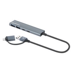 Manhattan Dock/hub combo USB-C & USB-A, 4 ports : 2x USB-A + 2x USB-C, 5 Gbit/s (USB 3.0), Alimenté par USB (aucune alimentation externe requise), aluminium