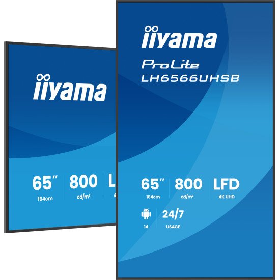 iiyama LH6566UHSB-B1AG Écran d'affichage dynamique Écran plat de signalisation numérique 165,1 cm (65") LCD Wifi 800 cd/m² 4K Ultra HD Noir Intégré dans le processeur Android 24/7