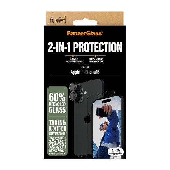 PanzerGlass ® 2-in-1 Bundle iPhone 16 Protection d'écran transparent Apple 1 pièce(s)