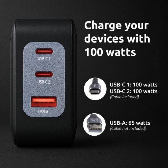 Intenso W100ACC+C520C, Ensemble adaptateur secteur + câble de charge, 100 W, charge rapide, technologie GaN, charge simultanée de 3 appareils, noir