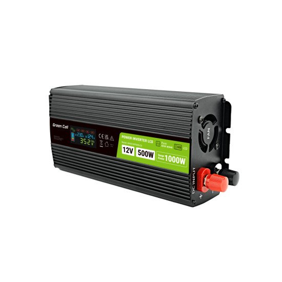 Green Cell Przetwornica napicia PowerInverter LCD 12 V 500W/1000W Przetwornica samochodowa z wywietlaczem - czysty sinus adaptateur de puissance & onduleur Auto Noir