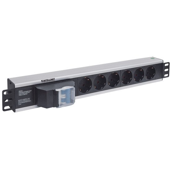 Intellinet Unité de distribution d'alimentation (PDU) 19" 1,5U à 6 prises EU, avec double interrupteur, sans protection contre les surtensions, prises EU CEE 7/3, câble d'alimentation 1,8 m, sortie, montage en rack, garantie trois ans