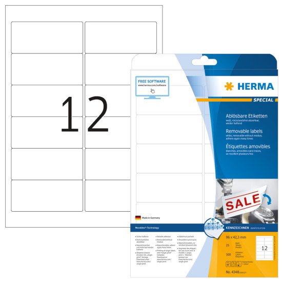 HERMA Étiquettes amovibles A4 96x42.3 mm, blanches, Movables/amovibles, papier mat, 300 pcs