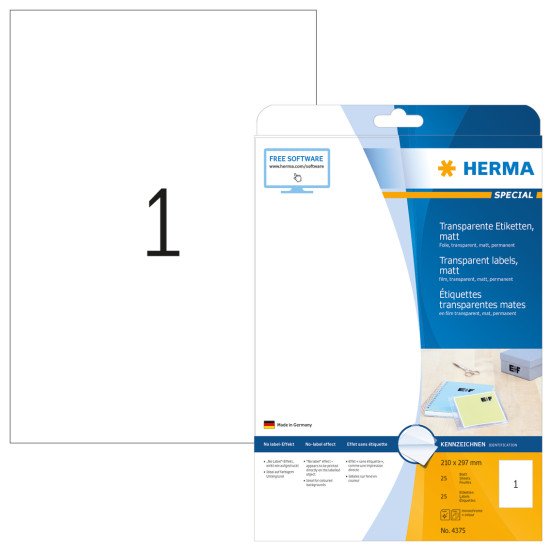 HERMA Étiquettes transparentes mates A4 210x297 mm, en film synthétique, 25 pcs