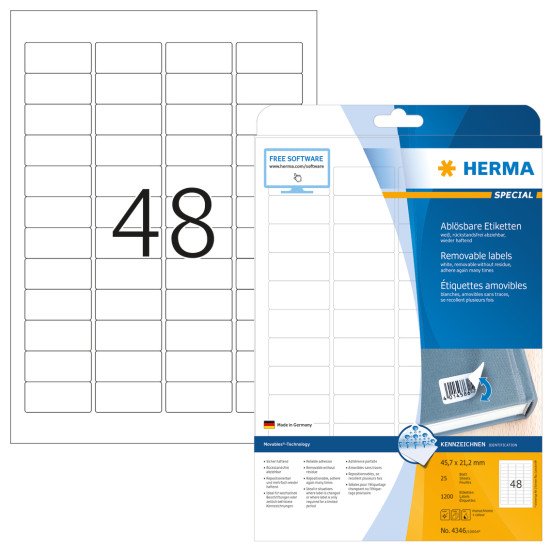 HERMA Étiquettes amovibles A4 45.7x21.2 mm, blanches, Movables/amovibles, papier mat, 1200 pcs