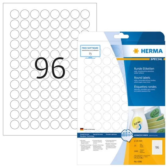 HERMA Étiquettes amovibles A4 Ø 20 mm rondes, blanches, Movables/amovibles, papier mat, 2400 pcs HERMA Étiquettes amovibles A4 Ø 20 mm rondes, blanches, Movables/amovibles, papier mat, 2400 pcs