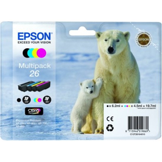 Epson 26 Pack de 4 cartouches encre Noir, Cyan, Magenta, Jaune