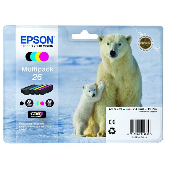 Epson 26 Pack de 4 cartouches encre Noir, Cyan, Magenta, Jaune