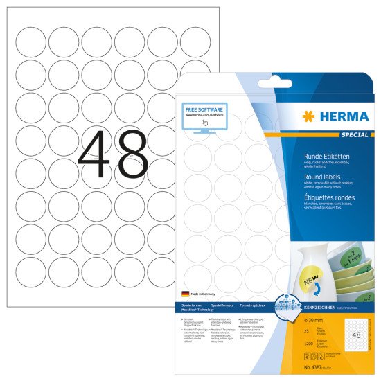 HERMA Étiquettes amovibles A4 Ø 30 mm rondes, blanches, Movables/amovibles, papier mat, 1200 pcs