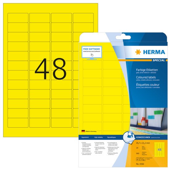 HERMA Étiquettes couleur A4 45.7x21.2 mm, jaunes, papier mat, 960 pcs