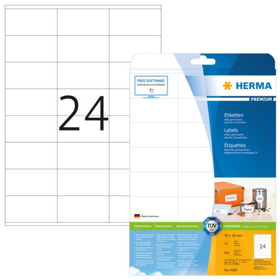 HERMA Étiquettes Premium A4 70x36 mm, blanches, papier mat, 600 pcs