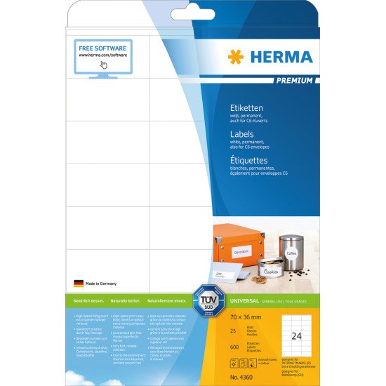 HERMA Étiquettes Premium A4 70x36 mm, blanches, papier mat, 600 pcs