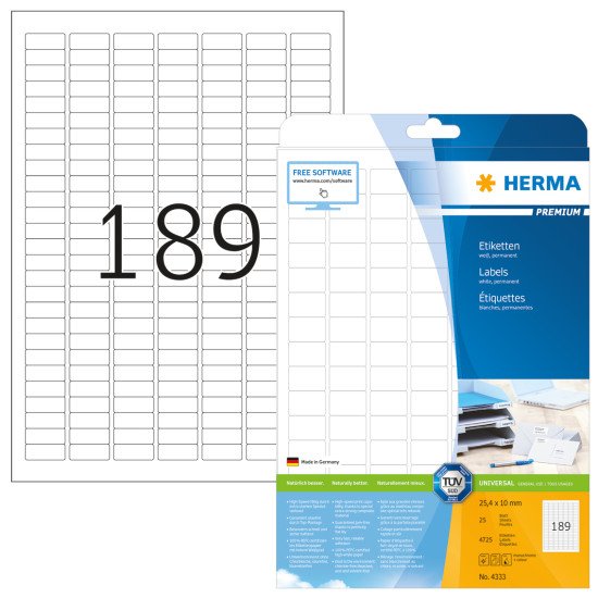 HERMA Étiquettes Premium A4 25.4x10 mm, blanches, papier mat, 4725 pcs
