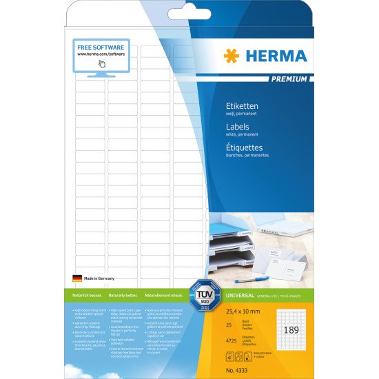 HERMA Étiquettes Premium A4 25.4x10 mm, blanches, papier mat, 4725 pcs