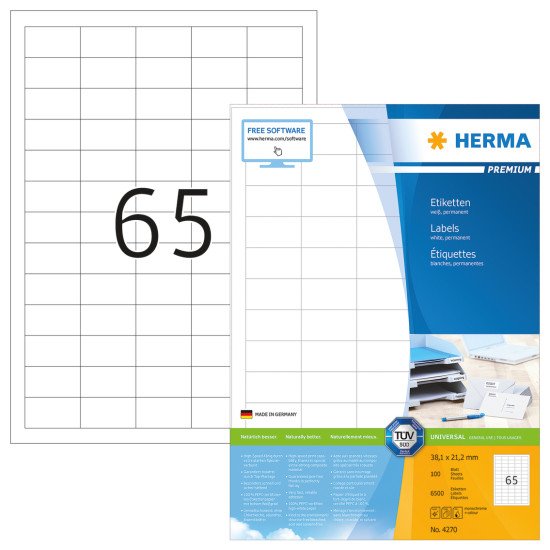 HERMA Étiquettes Premium A4 38.1x21.2 mm, blanches, papier mat, 6500 pcs