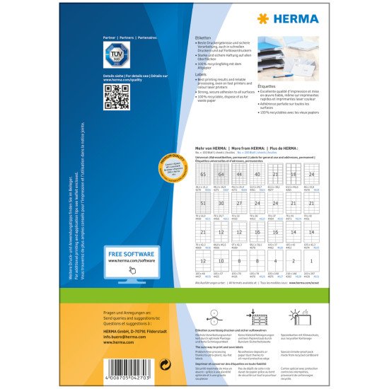 HERMA Étiquettes Premium A4 38.1x21.2 mm, blanches, papier mat, 6500 pcs