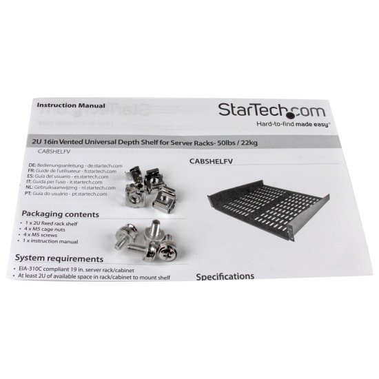 StarTech.com Etagère cantilever ventilée pour rack de serveur universel 2U 16 pouces - Etagère d'armoire serveur fixe - 22 kg