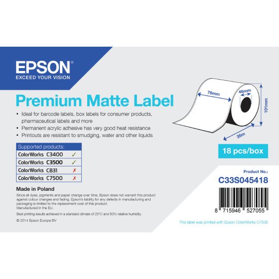 Epson Rouleau adhesif continu Premium Matte 76mm x 35 mm pour TM-C3400