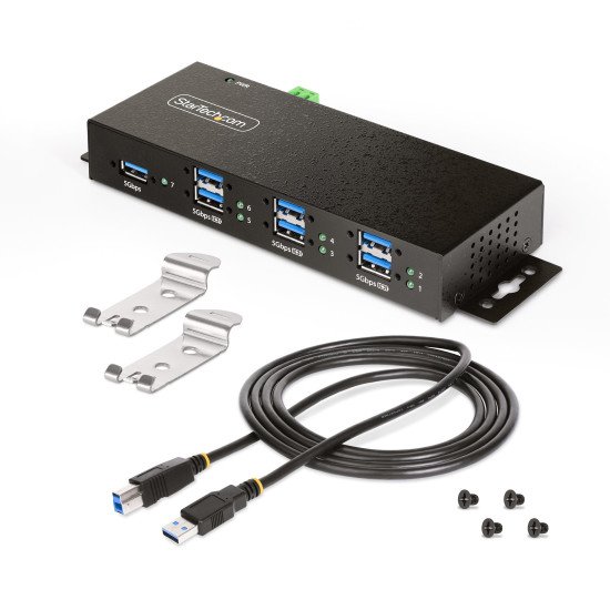 StarTech.com Hub USB 3.0 7 Ports avec 7x USB-A, Boîtier Industriel en Métal, Hub USB 7 ports avec Protection ESD, Montage Mural, sur Table ou sur Rail, USB 3.0/3.1/3.2 Gen 1 5Gbps