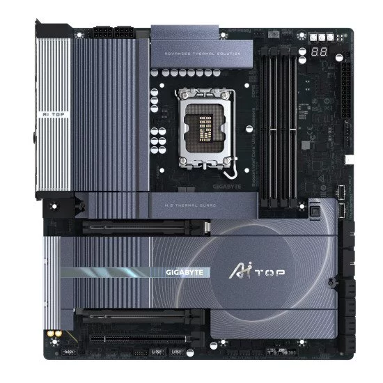 GIGABYTE Z890 AI TOP Carte mère - Processeurs Intel Core Ultra (Série 2), VRM 16+1+2 phases, jusqu'à 9500 MHz DDR5 (OC), 1xPCIe 5.0 + 3xPCIe 4.0 M.2, Wi-Fi 7, LAN 10 GbE, Thunderbolt 5