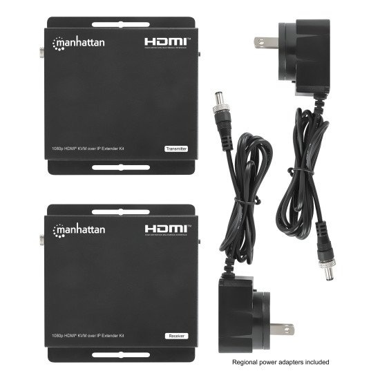 Manhattan Kit d'extension KVM HDMI 1080p sur IP, étend le signal 1080p@60 Hz jusqu'à 120 m via câble Ethernet Cat6 ou réseau IP, émetteur et récepteur, ports USB-A pour PC, souris et clavier, noir, garantie de 3 ans