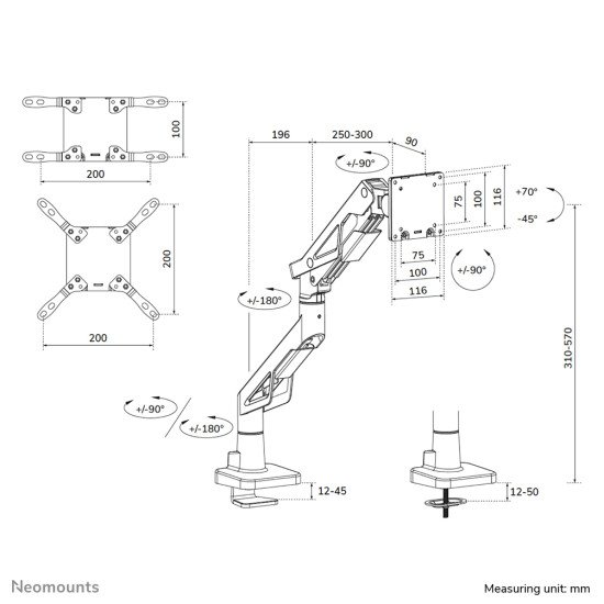 Neomounts DS70-256BL1 Support de écran à fixer gaming 24-57" - ressort à gaz - Topfix - arrêt à 180°