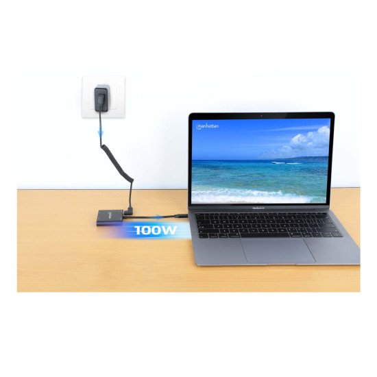 Manhattan Adaptateur USB-C vers double HDMI + USB-A, double 4K@30Hz ou 4K@60Hz (un écran), PD 100 W, 480 Mbit/s (USB 2.0), câble 15 cm, noir, garantie 3 ans