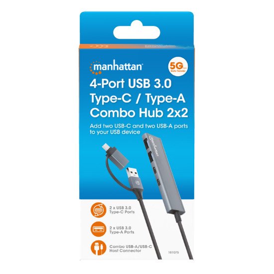 Manhattan Dock/hub combo USB-C & USB-A, 4 ports : 2x USB-A + 2x USB-C, 5 Gbit/s (USB 3.0), Alimenté par USB (aucune alimentation externe requise), aluminium