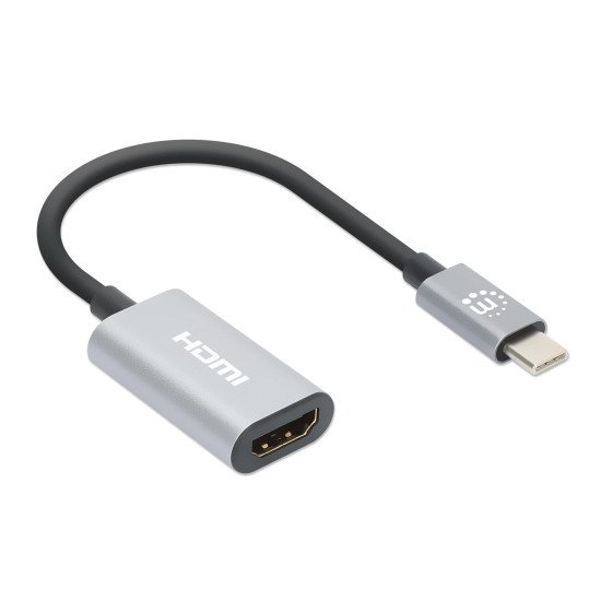 Manhattan Câble USB-C vers HDMI, 4K@60Hz + USB 5 Gbit/s (USB 3.2 Gen 1 / USB 3.0), 11 cm, mâle à mâle, noir/argent, garantie 3 ans