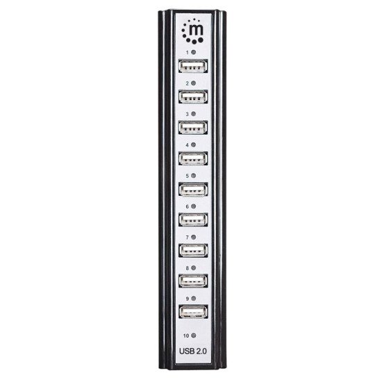 Manhattan Hub USB-A de bureau 10 ports, 10x USB-A, 480 Mbit/s (USB 2.0), Alimenté par USB ou par une alimentation externe (non incluse) pour une puissance accrue des appareils connectés