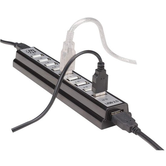 Manhattan Hub USB-A de bureau 10 ports, 10x USB-A, 480 Mbit/s (USB 2.0), Alimenté par USB ou par une alimentation externe (non incluse) pour une puissance accrue des appareils connectés