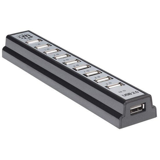 Manhattan Hub USB-A de bureau 10 ports, 10x USB-A, 480 Mbit/s (USB 2.0), Alimenté par USB ou par une alimentation externe (non incluse) pour une puissance accrue des appareils connectés