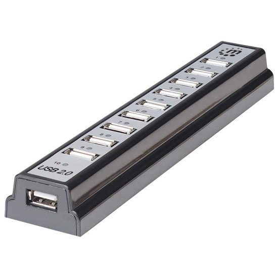 Manhattan Hub USB-A de bureau 10 ports, 10x USB-A, 480 Mbit/s (USB 2.0), Alimenté par USB ou par une alimentation externe (non incluse) pour une puissance accrue des appareils connectés