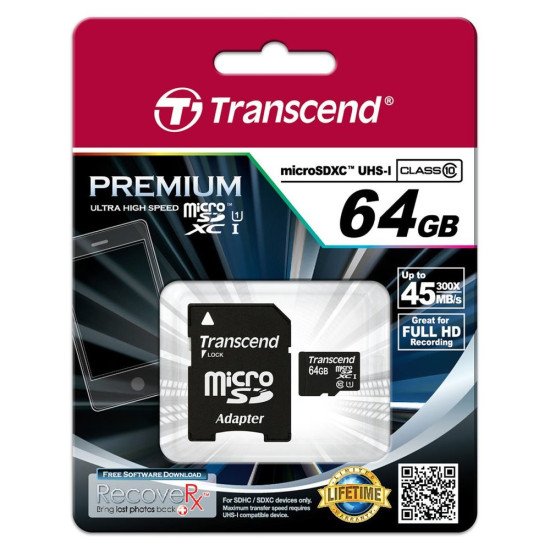 Transcend TS64GUSDU1 mémoire flash 64 Go MicroSDXC Classe 10 MLC