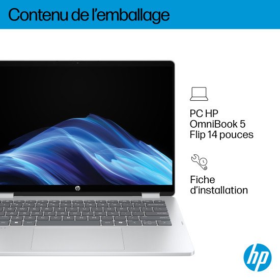 HP OmniBook 5 Flip 14-fp0742nb Intel® Core™ i3 i3-1315U Hybride (2-en-1) 35,6 cm (14") Écran tactile 2K 8 Go LPDDR5-SDRAM 512 Go SSD Wi-Fi 6 (802.11ax) Windows 11 Home Argent