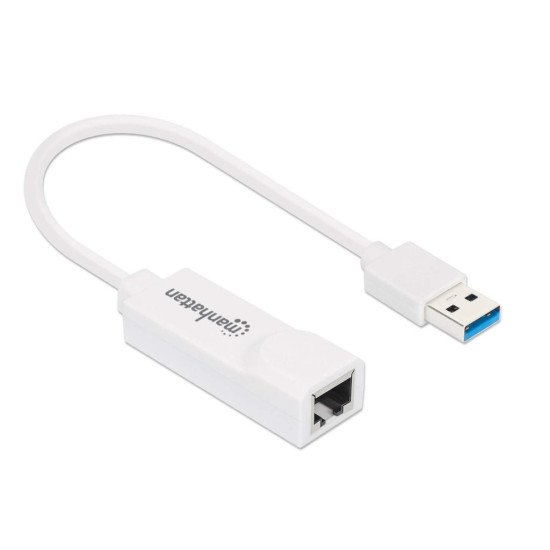 Manhattan Adaptateur réseau Gigabit USB-A, 10/100/1000 Mbit/s, 5 Gbit/s (USB 3.2 Gen 1 / USB 3.0), RJ45, blanc, garantie 3 ans, équivalent à USB31000SW