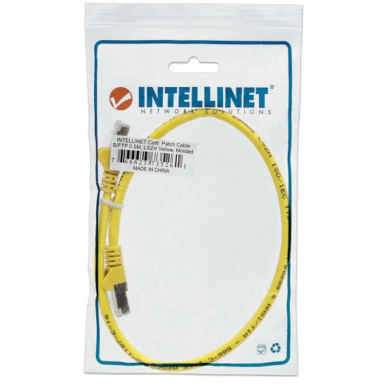 Intellinet Câble patch réseau Cat6A, 0,5 m, jaune, cuivre, S/FTP, LSOH/LSZH, PVC, RJ45, contacts plaqués or, anti-accroc, avec manchon, garantie à vie