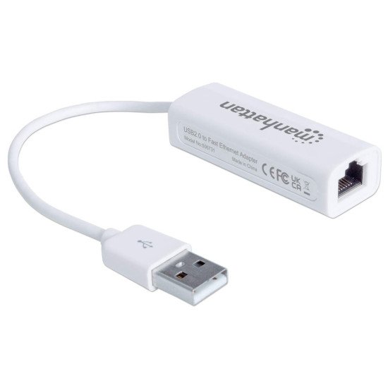 Manhattan Adaptateur Fast Ethernet USB-A, réseau 10/100 Mbit/s, 480 Mbit/s (USB 2.0), RJ45, blanc, garantie 3 ans