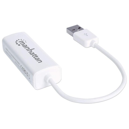 Manhattan Adaptateur Fast Ethernet USB-A, réseau 10/100 Mbit/s, 480 Mbit/s (USB 2.0), RJ45, blanc, garantie 3 ans
