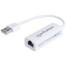Manhattan Adaptateur Fast Ethernet USB-A, réseau 10/100 Mbit/s, 480 Mbit/s (USB 2.0), RJ45, blanc, garantie 3 ans