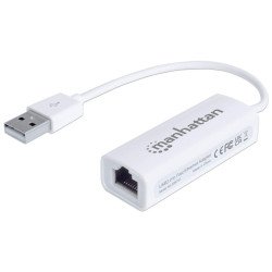 Manhattan Adaptateur Fast Ethernet USB-A, réseau 10/100 Mbit/s, 480 Mbit/s (USB 2.0), RJ45, blanc, garantie 3 ans