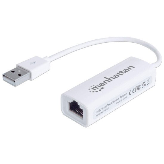Manhattan Adaptateur Fast Ethernet USB-A, réseau 10/100 Mbit/s, 480 Mbit/s (USB 2.0), RJ45, blanc, garantie 3 ans