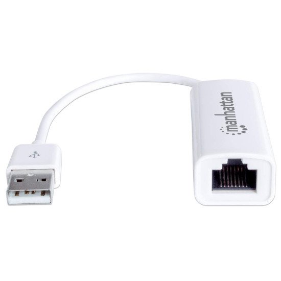 Manhattan Adaptateur Fast Ethernet USB-A, réseau 10/100 Mbit/s, 480 Mbit/s (USB 2.0), RJ45, blanc, garantie 3 ans